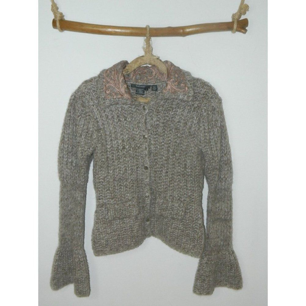 Radzoli Sweater‎ Cardigan Brown Chunky Knit Embroidery Collar Size Large